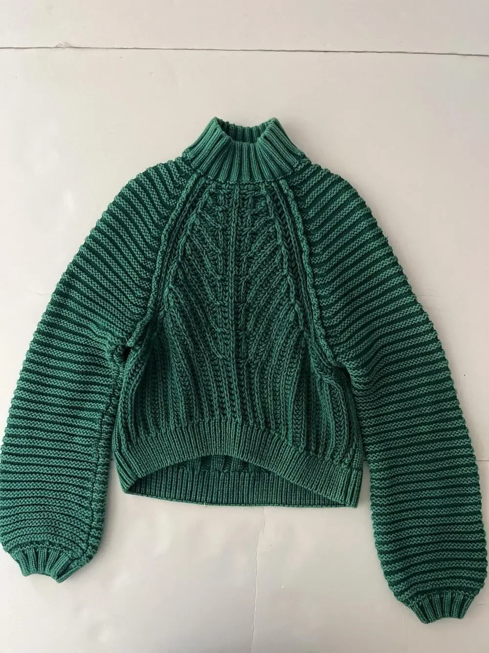 Free People Sweater Womens XS Green Cable Knit Mock Neck Cropped Cotton Raglan